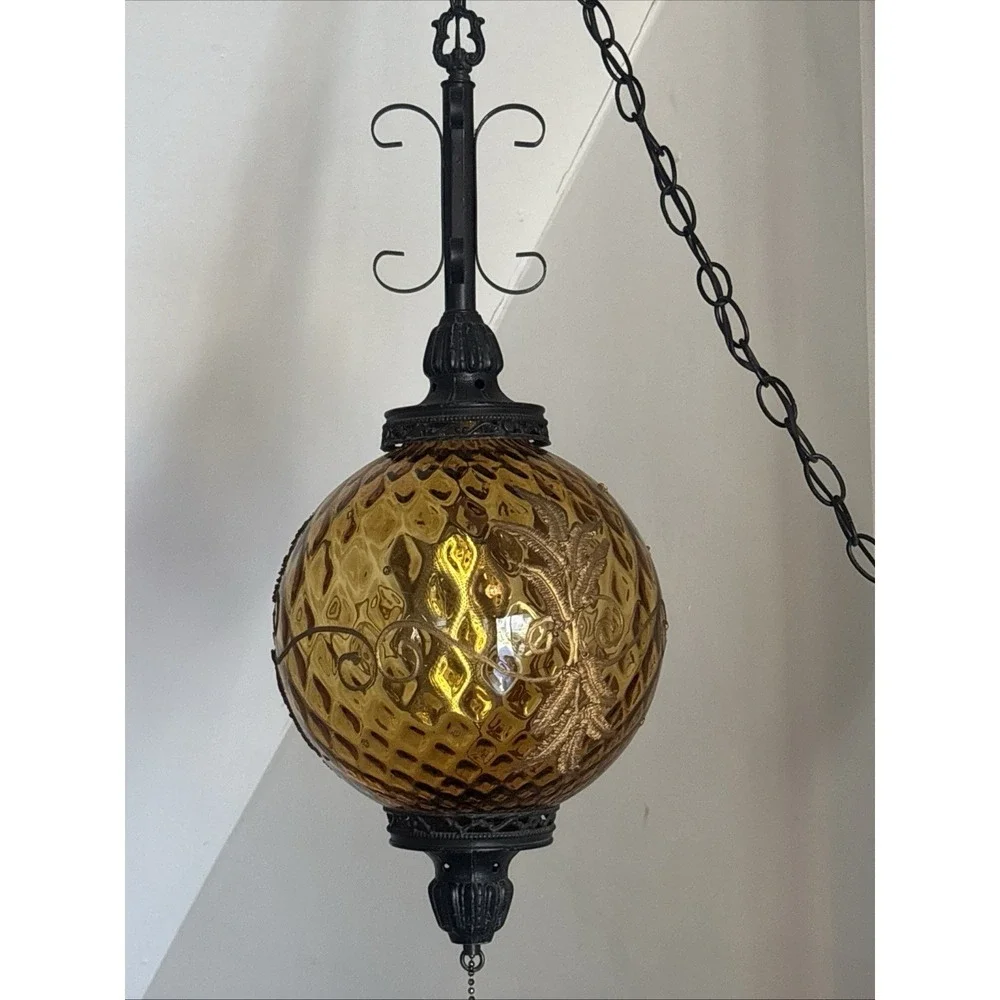 Vintage Large Amber Glass MCM  Hanging Swag Lamp Light W/ Chain